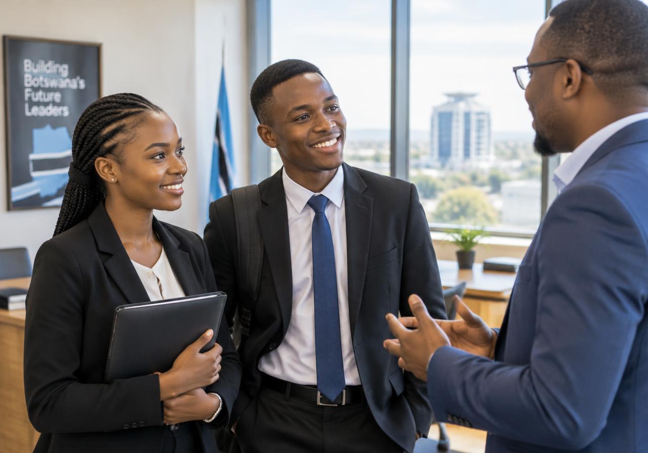 Students talking with a mentor in an office